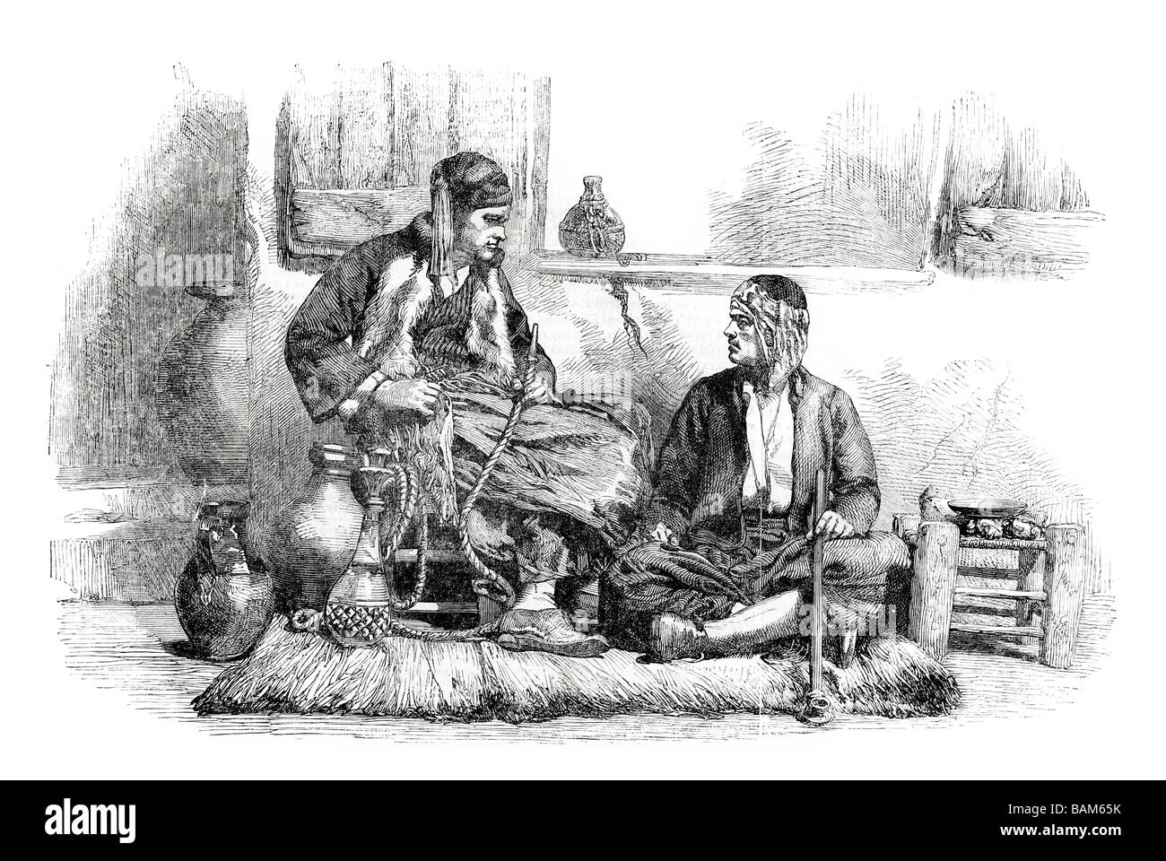 Il caffè turco venditore a Costantinopoli vestito in costume tradizionale fumo caldo tubo gusto bere bean di terra 1854 Foto Stock