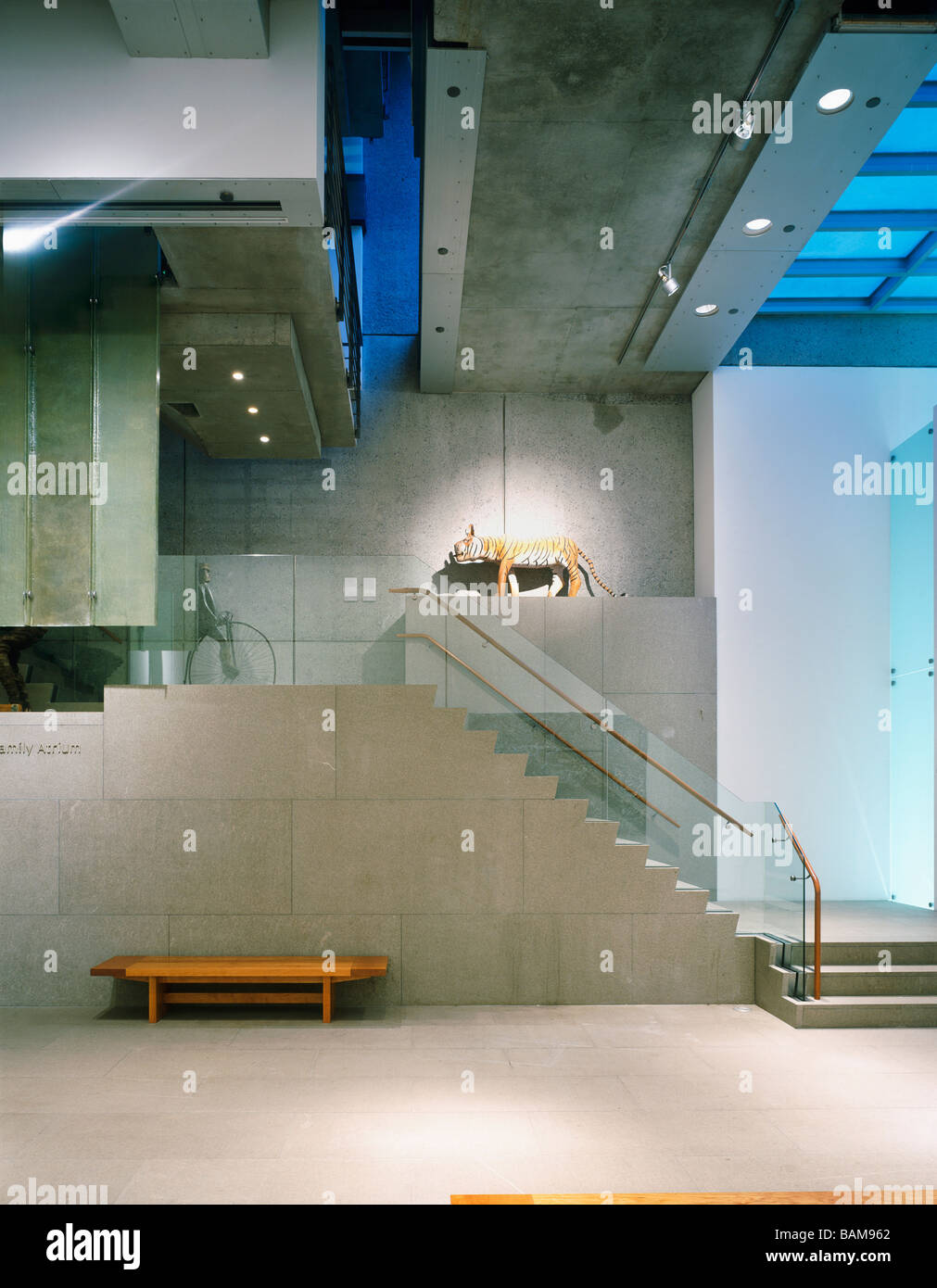Museo di arte popolare, New York, Stati Uniti, Tod Williams e Billie Tsien, museo di arte popolare vista verticale della sala principale e scale. Foto Stock