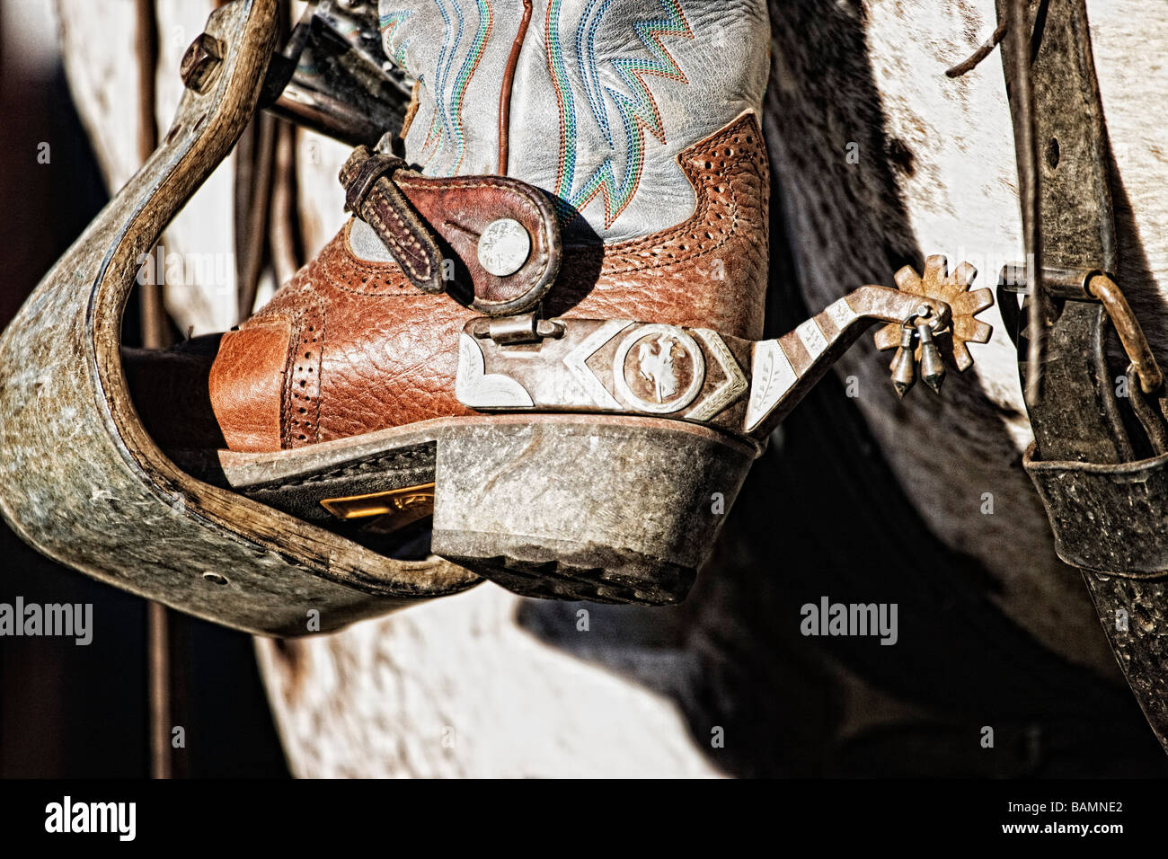 Stivale cowboy di tacco e di sprone nella staffa sella Foto Stock