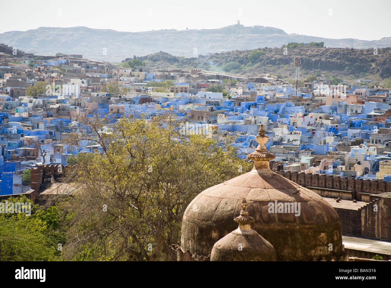 Vista di Jodhpur, conosciuta come la città blu, dal Forte Mehrangarh, Jodhpur, Rajasthan, India Foto Stock