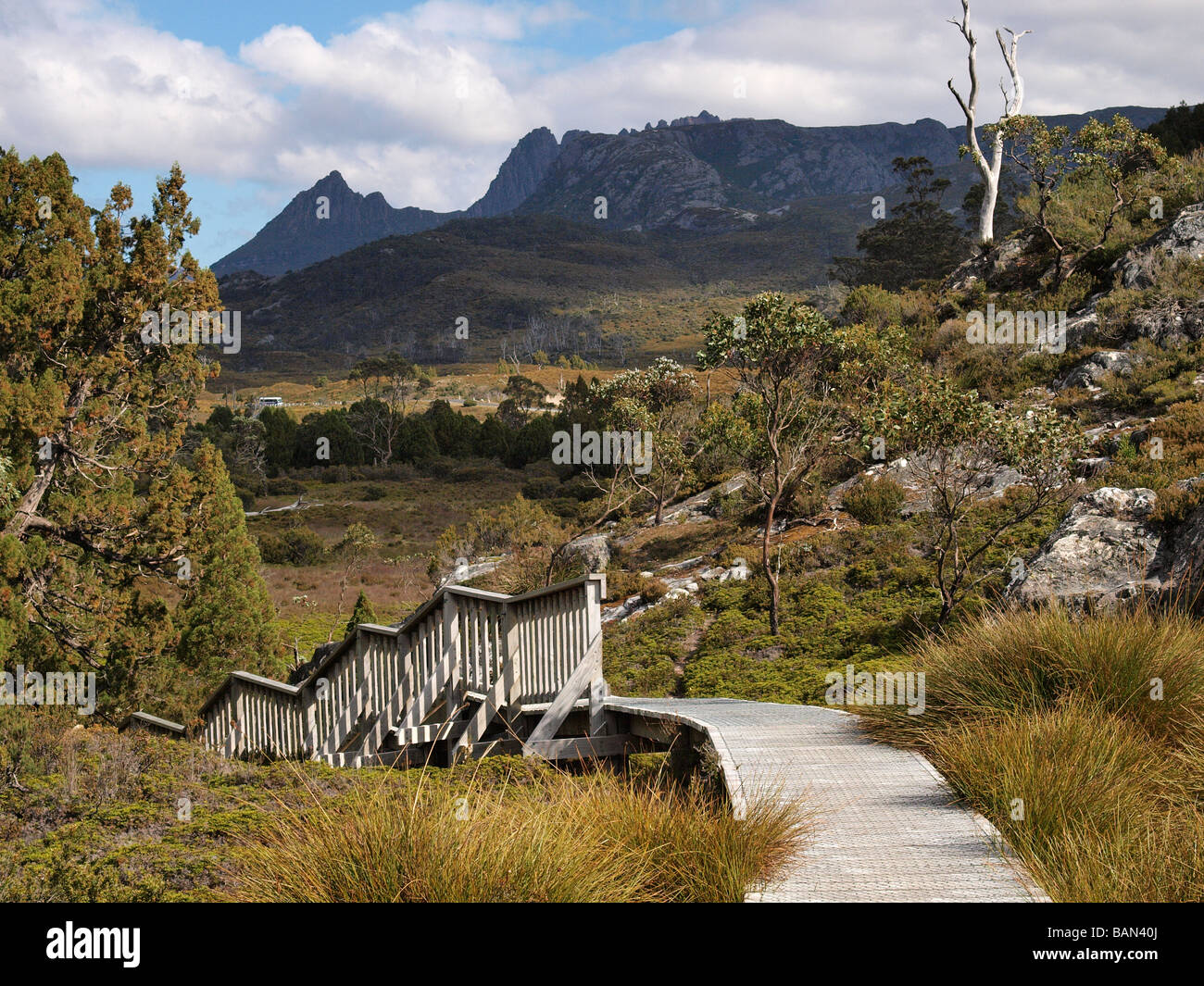 PASSEGGIATA SUL LUNGOMARE CON VISTA IN LONTANANZA DELLA CRADLE MOUNTAIN, LAKE ST CLAIR NATIONAL PARK TASMANIA. Foto Stock