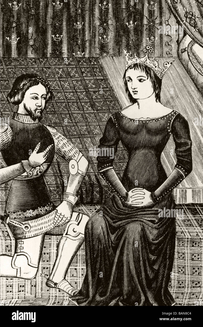 Sir Lancelot si inginocchia davanti alla Regina Guinevere. incisione del 19th° secolo dopo l'originale del 12th° secolo Foto Stock