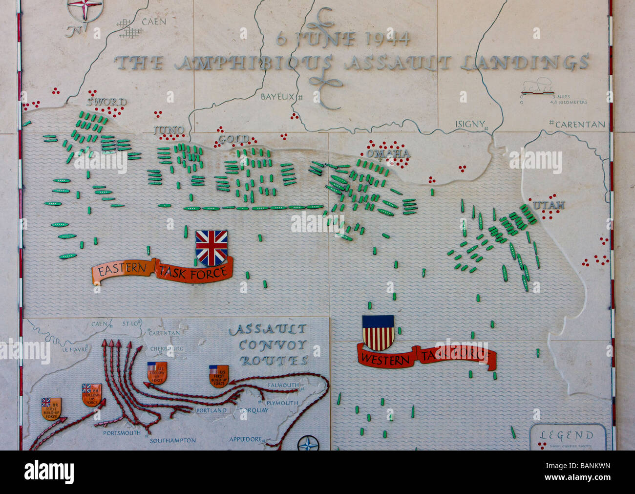 Mappa di invasione Americana Cimitero Militare Omaha Beach Colleville sur Mer Normandia Francia Foto Stock
