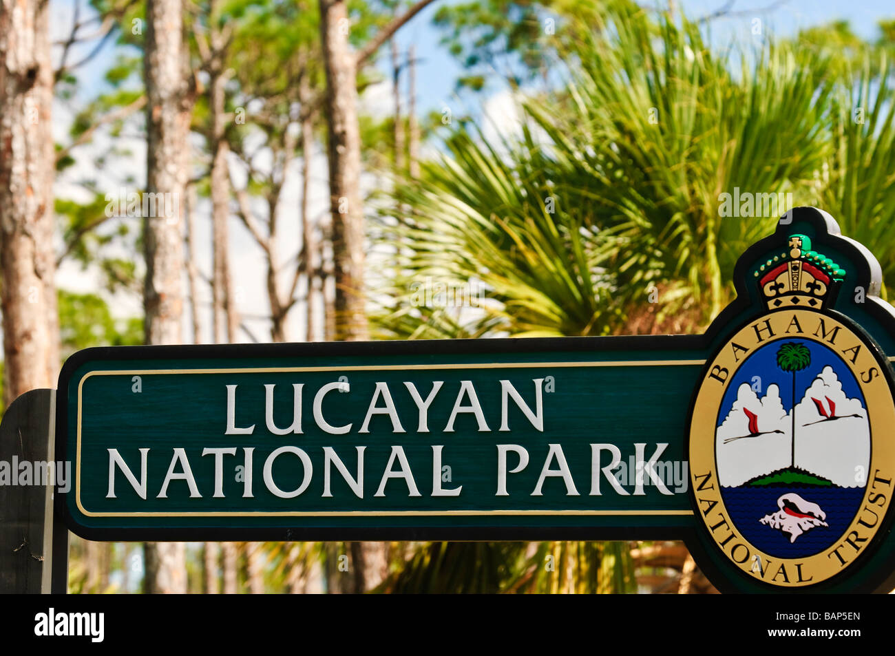 Cartello del Parco Nazionale Lucayano, freeport, Grand Bahama, Bahamas Foto Stock