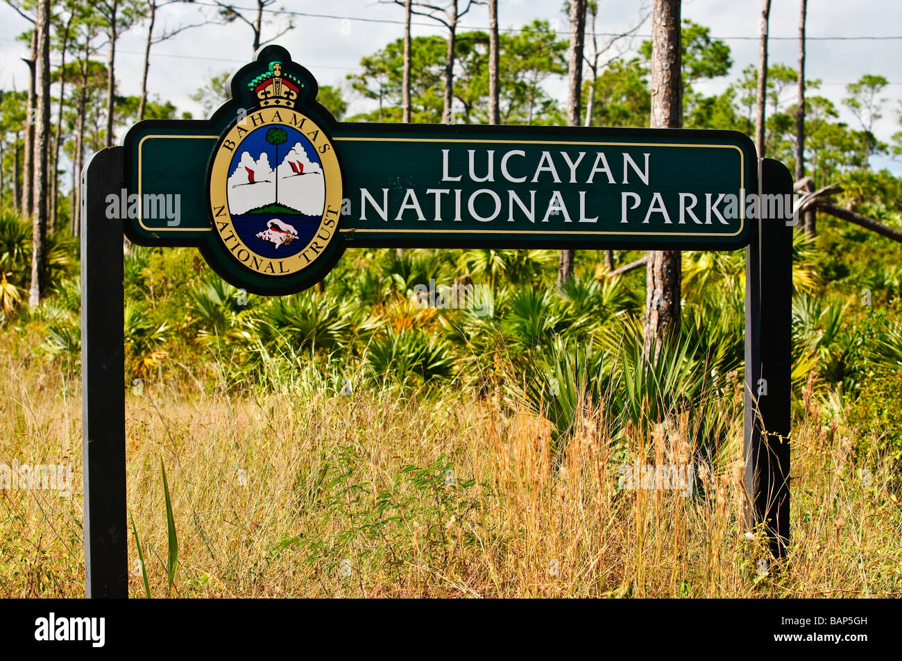 Cartello del Parco Nazionale Lucayano, freeport, Grand Bahama, Bahamas Foto Stock