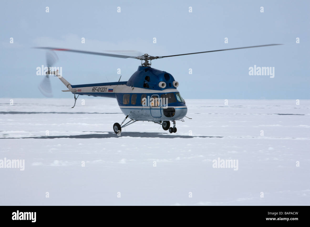 Avvicinando sightseeing tour in elicottero volando sul mare di solido ghiaccio pack il trasporto di turisti in Antartide, fotografo nella finestra blu sullo sfondo del cielo Foto Stock