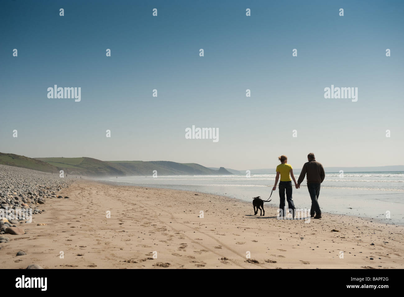 Una giovane coppia camminando mano nella mano con il loro cane sulla spiaggia Newgale Pembrokeshire Coast National Park Galles pomeriggio estivo Foto Stock