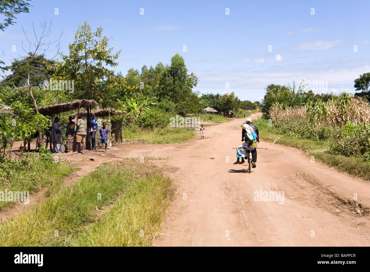 La pista sterrata la strada attraverso il villaggio di Nyombe, Malawi, Africa Foto Stock