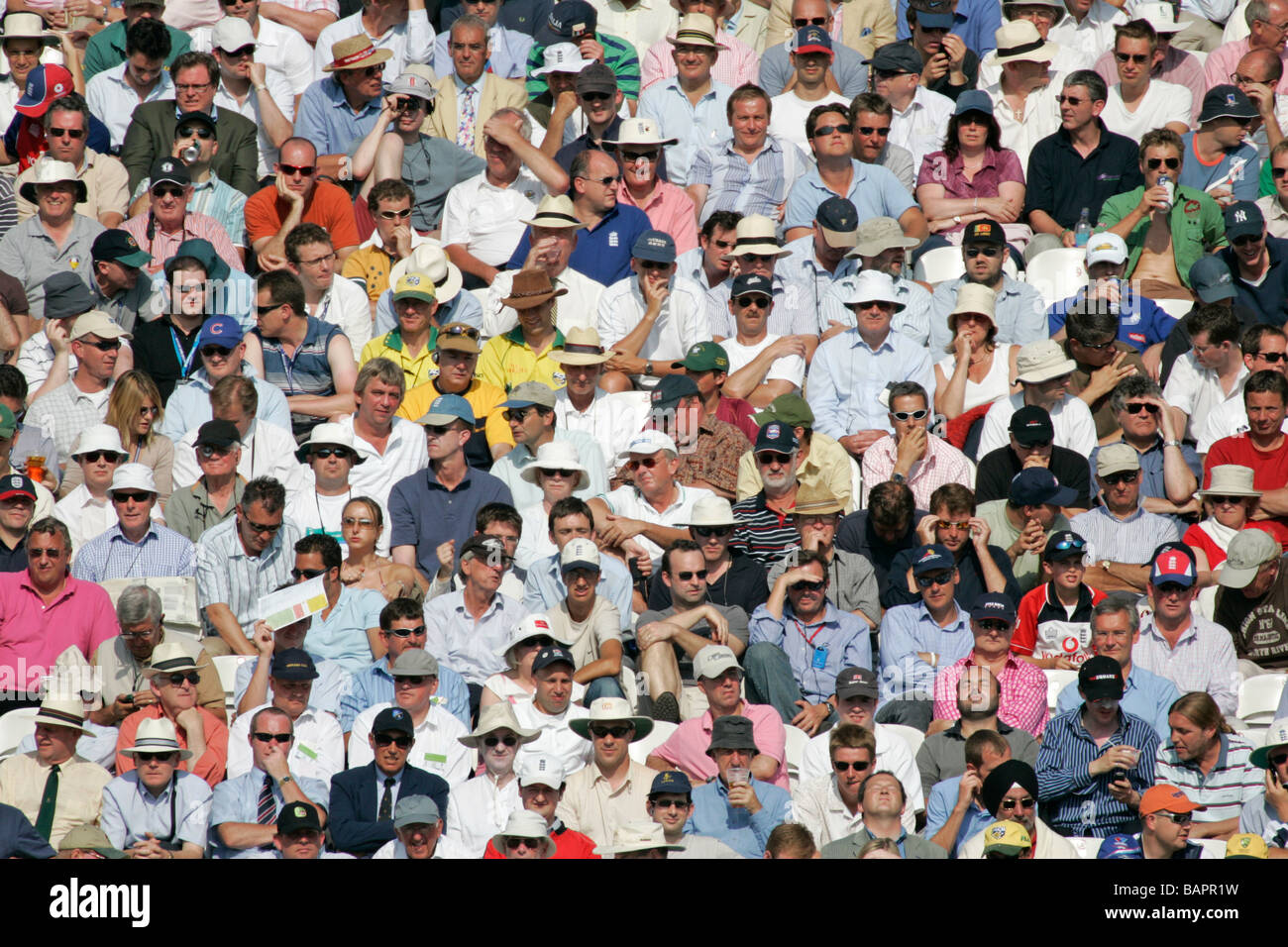 Tifosi di cricket guardare una partita in una giornata di sole. Foto Stock