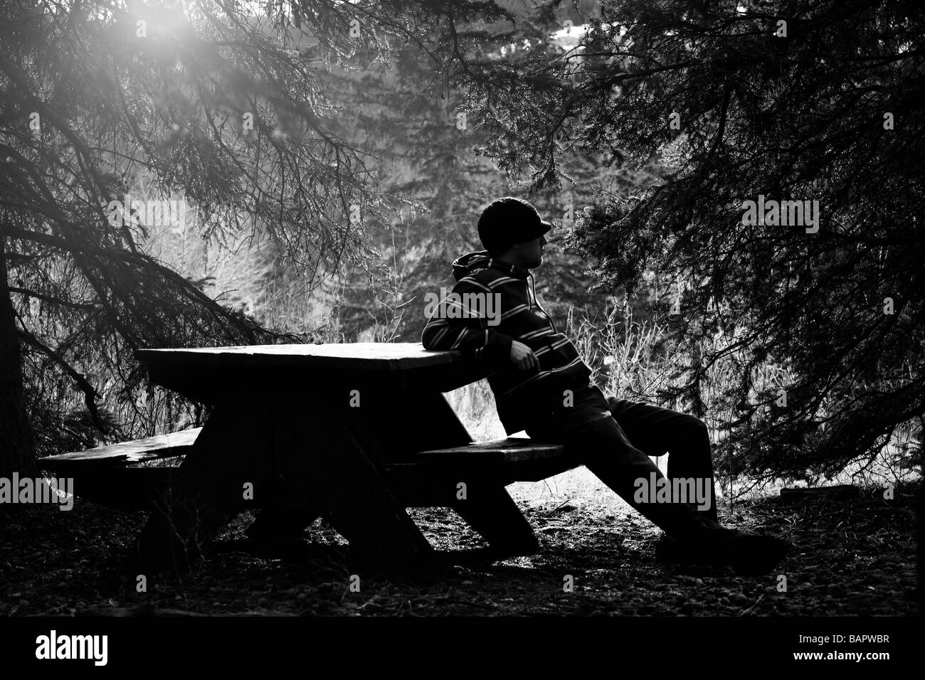 Uomo seduto; Uomo appoggiato su un tavolo da pic-nic Foto Stock