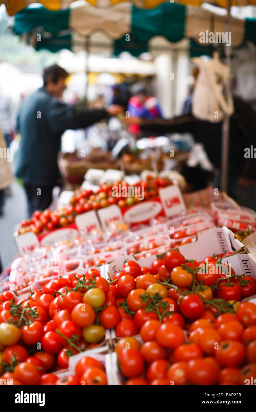 Pressione di stallo di pomodoro a Stroud Farmers Market, Stroud, Gloucestershire, Regno Unito Foto Stock