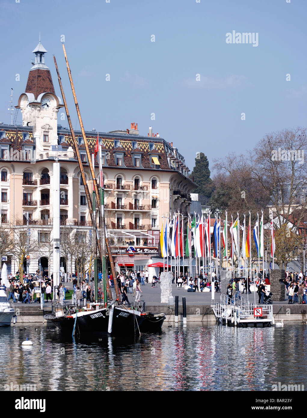 Vista sul lungomare di Lac Leman nella città di Losanna, Svizzera Foto Stock