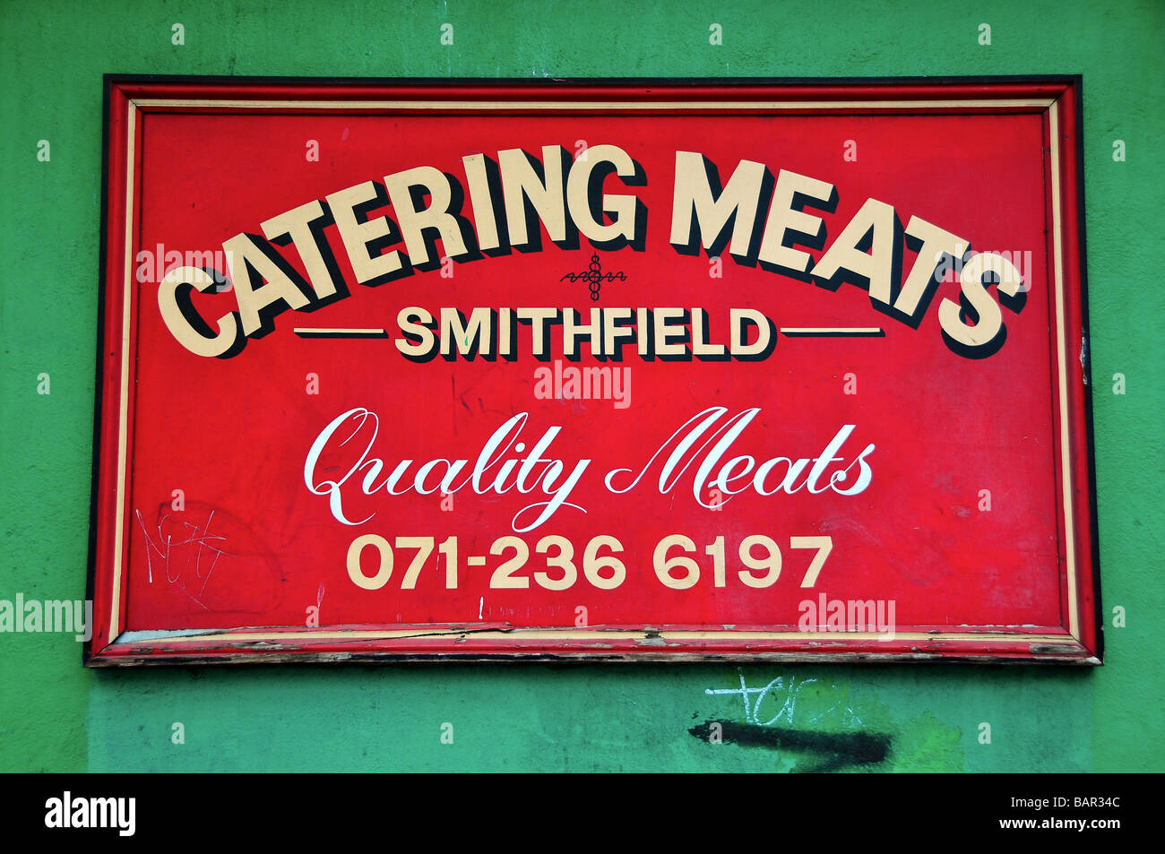 Macelleria segno, carne di Smithfield Market, London, Regno Unito Foto Stock