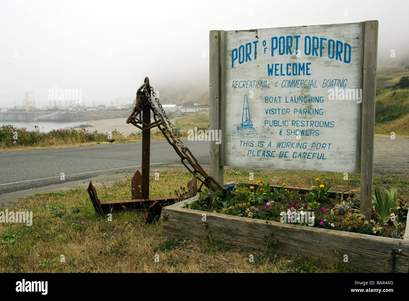 Segno di entrata al Porto di Port Orford - Port Orford, Oregon, Stati Uniti d'America Foto Stock