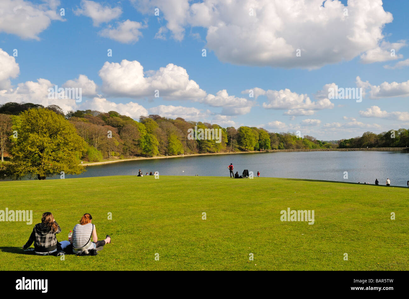 Persone rilassarsi sul prato di Roundhay Park Leeds West Yorkshire Inghilterra con il lago di Waterloo in background Foto Stock