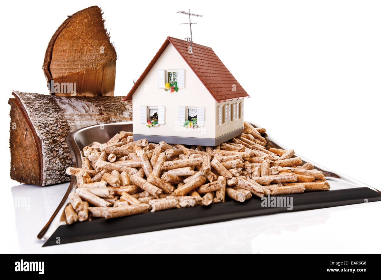 Pellet di legno sulla paletta giocattolo, house e dei registri di close-up Foto Stock