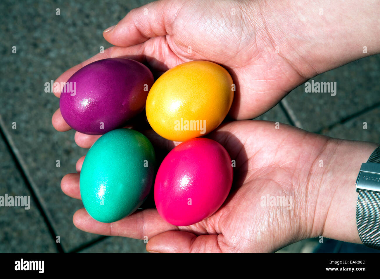 Colorate le uova di Pasqua svoltasi in palm Foto Stock
