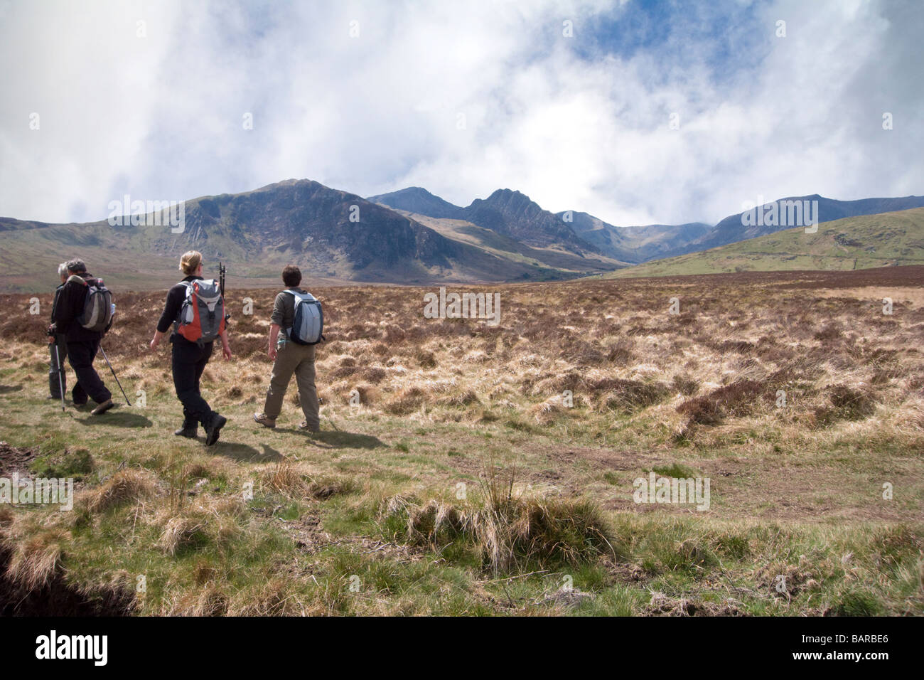 Capel Curig Conwy North Wales UK aprile Un gruppo di escursionisti su un sentiero che sovrasta il parco nazionale di Eryri Snowdonia della valle di Ogwen Foto Stock