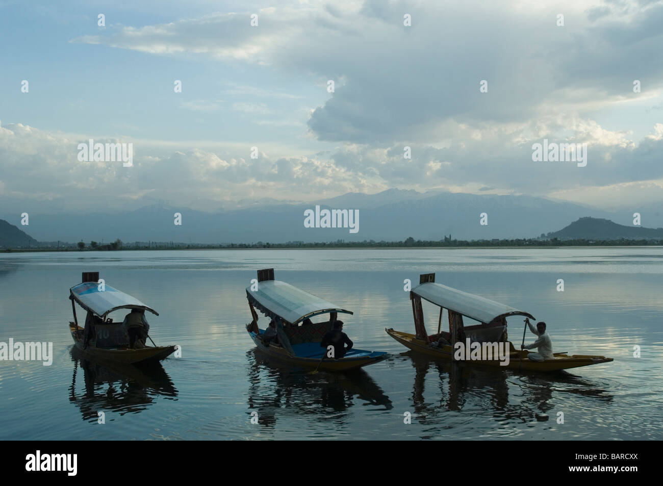 I turisti in shikaras al tramonto, dal lago, Srinagar, Jammu e Kashmir India Foto Stock