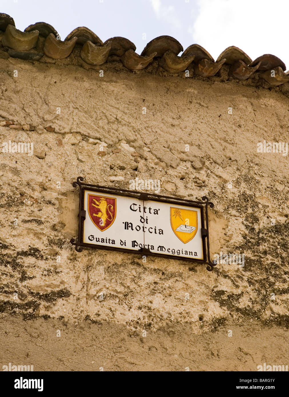 Segno della città di Norcia in Umbria Foto Stock