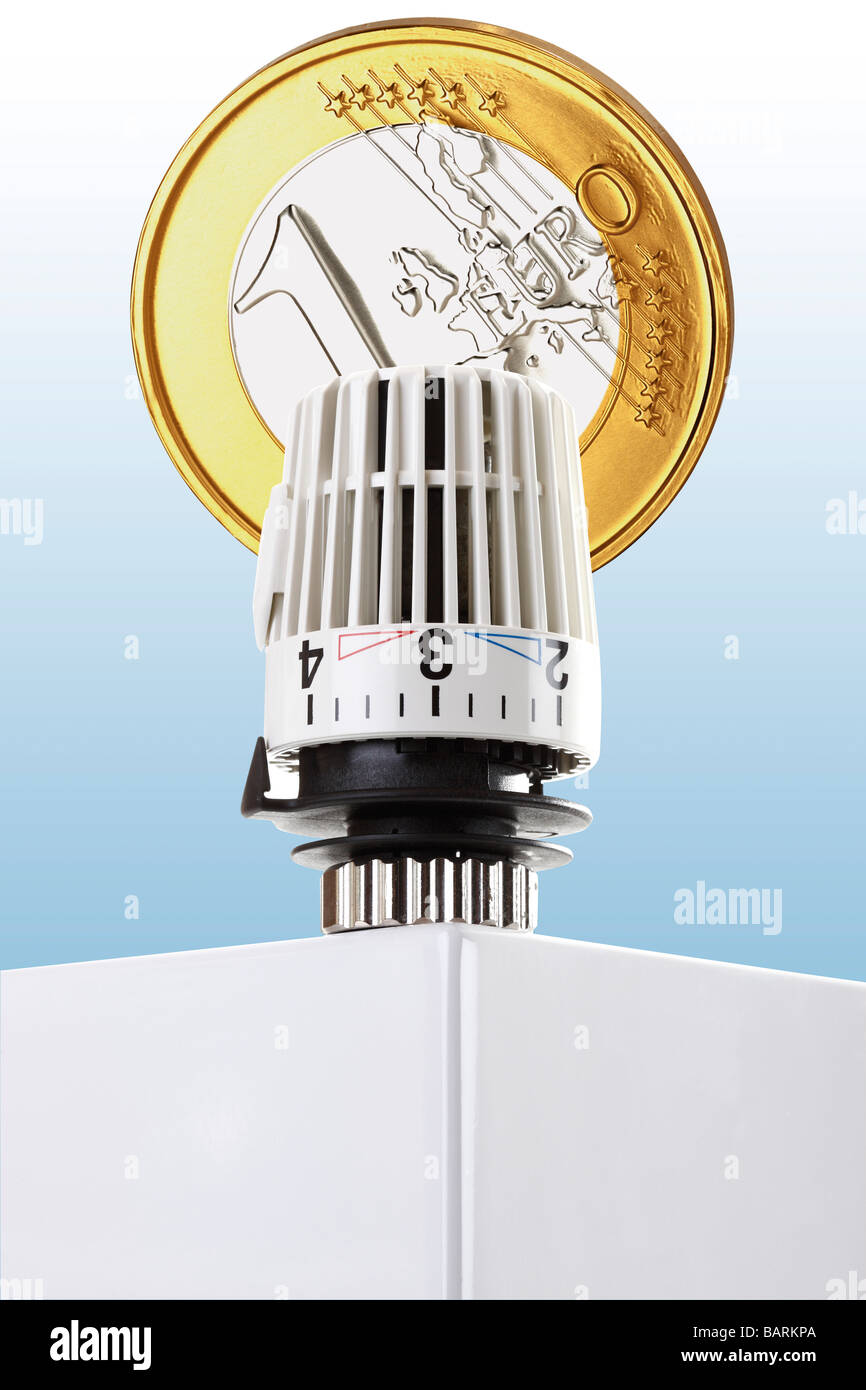 Termostato per il riscaldamento e di monete metalliche in euro Foto Stock