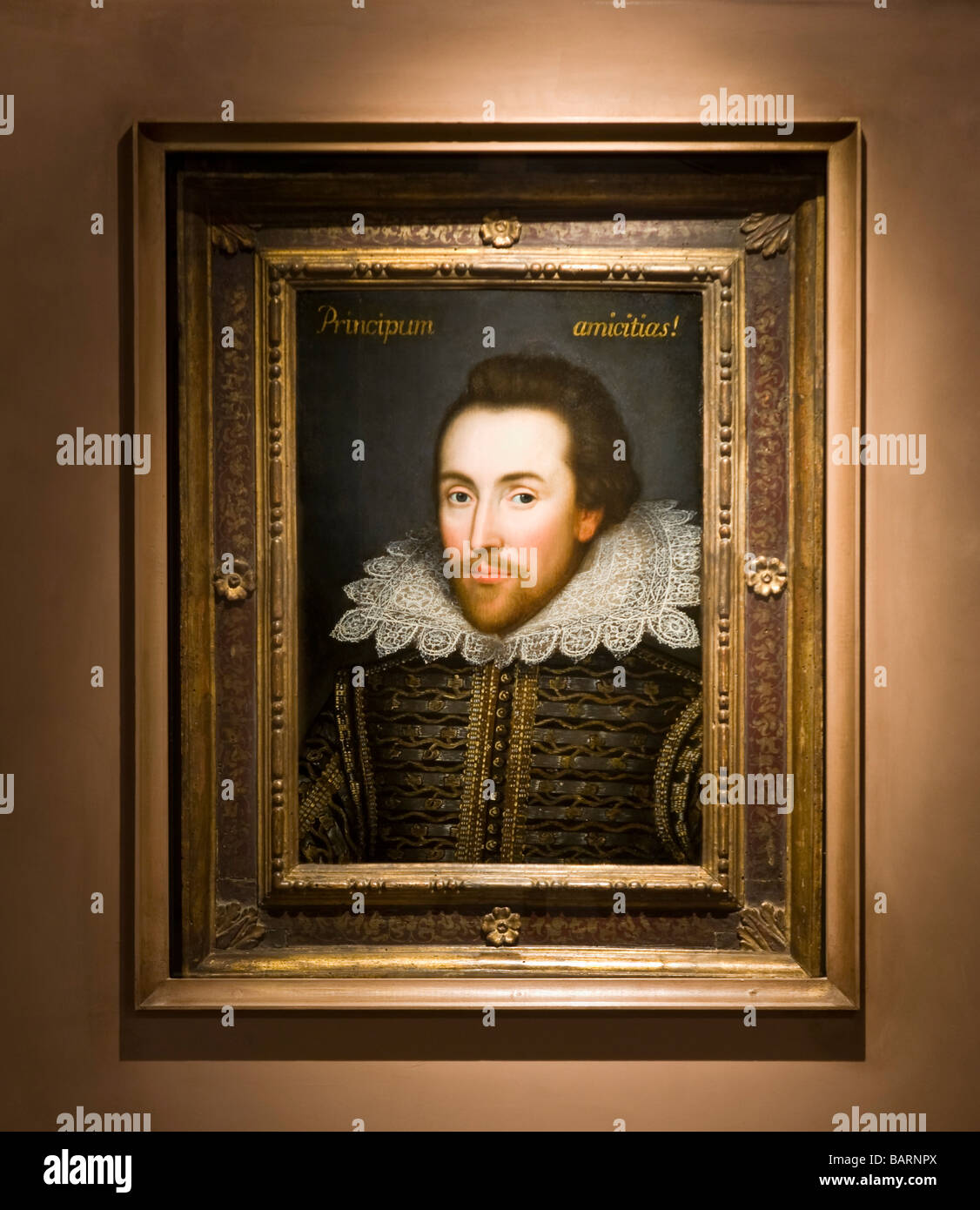 Il 'Cobbe' ritratto di William Shakespeare appeso in 'Shakespeare trovato' mostra a Shakespeare Birthplace Trust. Foto Stock