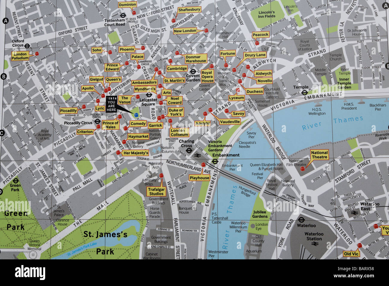 Mappa dei teatri del West End di Londra, Inghilterra Foto Stock