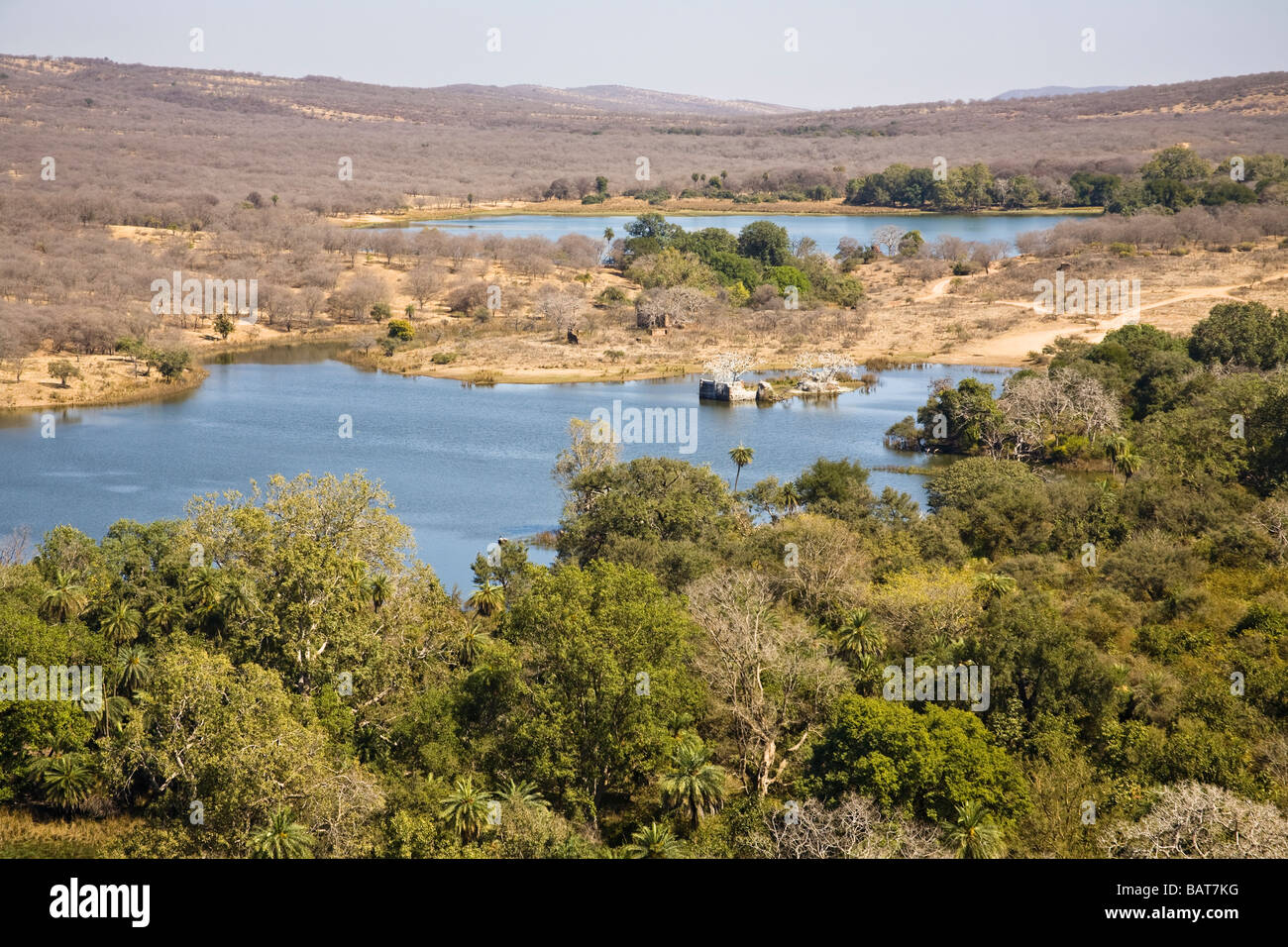 Vista di Padam Talao Lago da Ranthambhore Fort, Ranthambhore National Park, Rajasthan, India Foto Stock