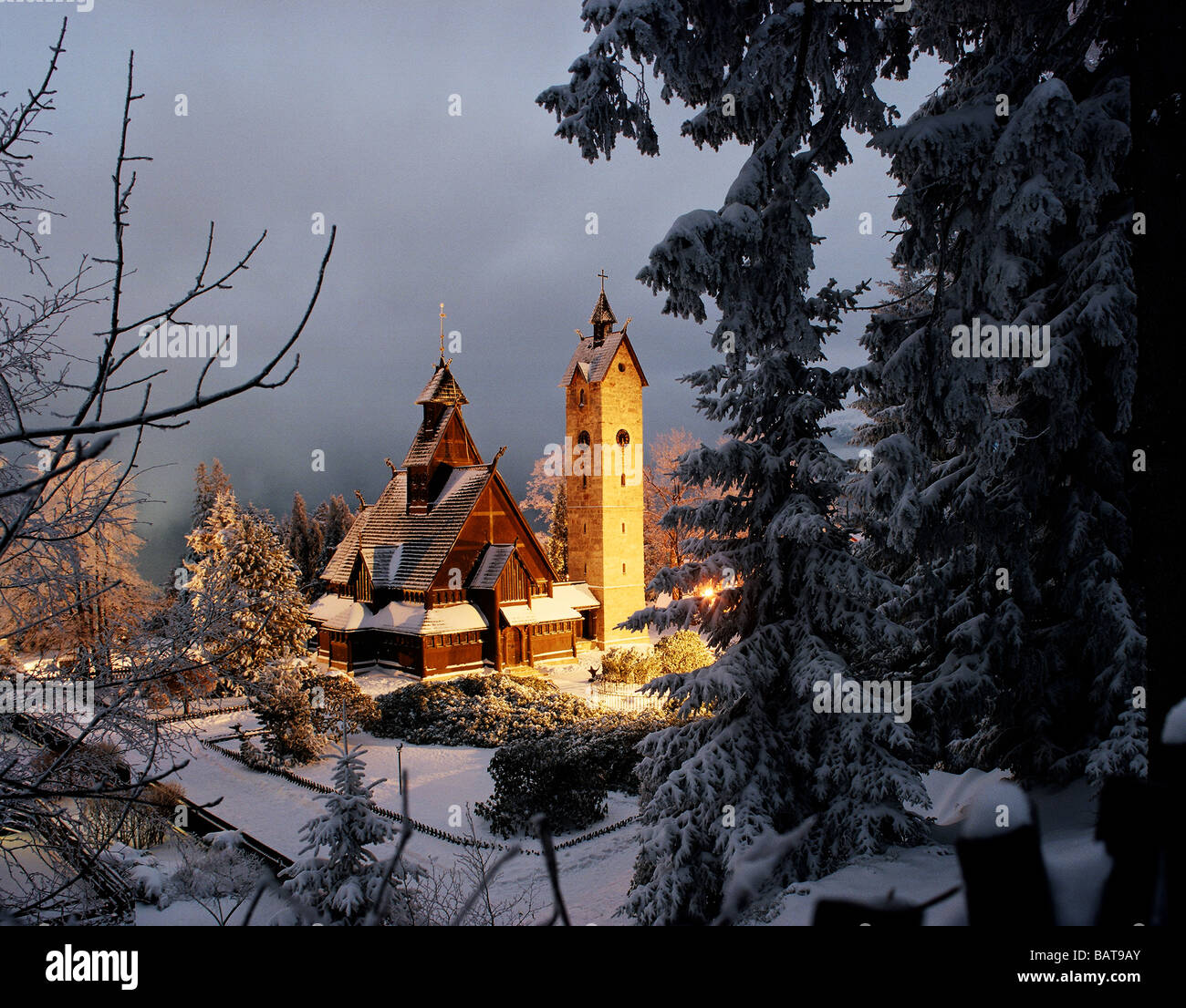 La Wang una cappella del XII secolo chiesa norvegese Karpacz Sudeti montagne dolnoslaskie, Polonia, europa Foto Stock