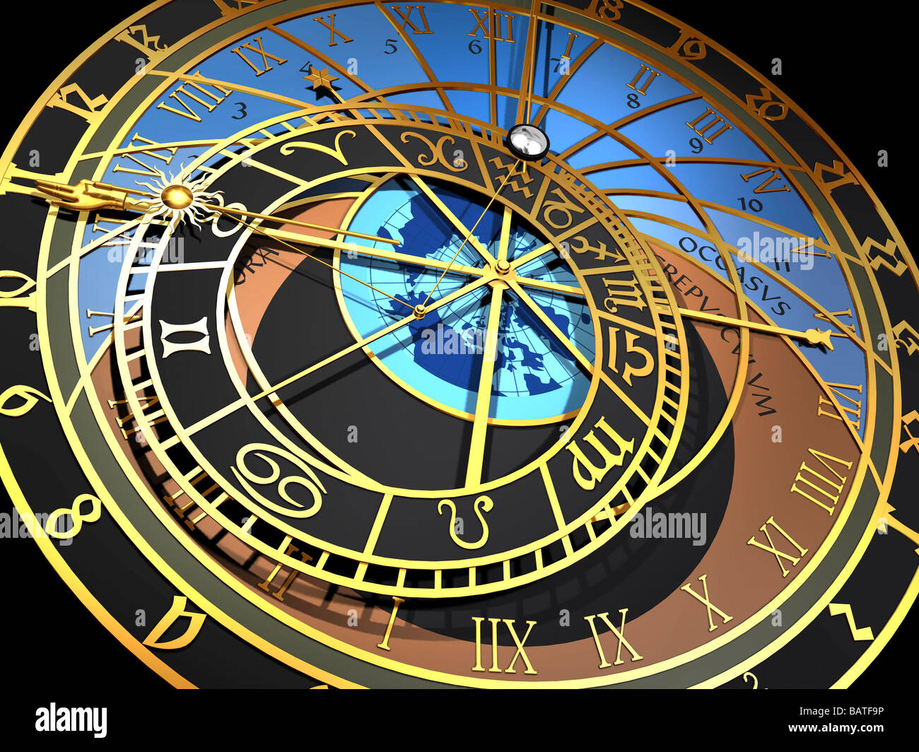 Orologio Astronomico. Illustrazione del computer sulla base del xv secolo orologio astronomico di Praga, Repubblica Ceca. Foto Stock
