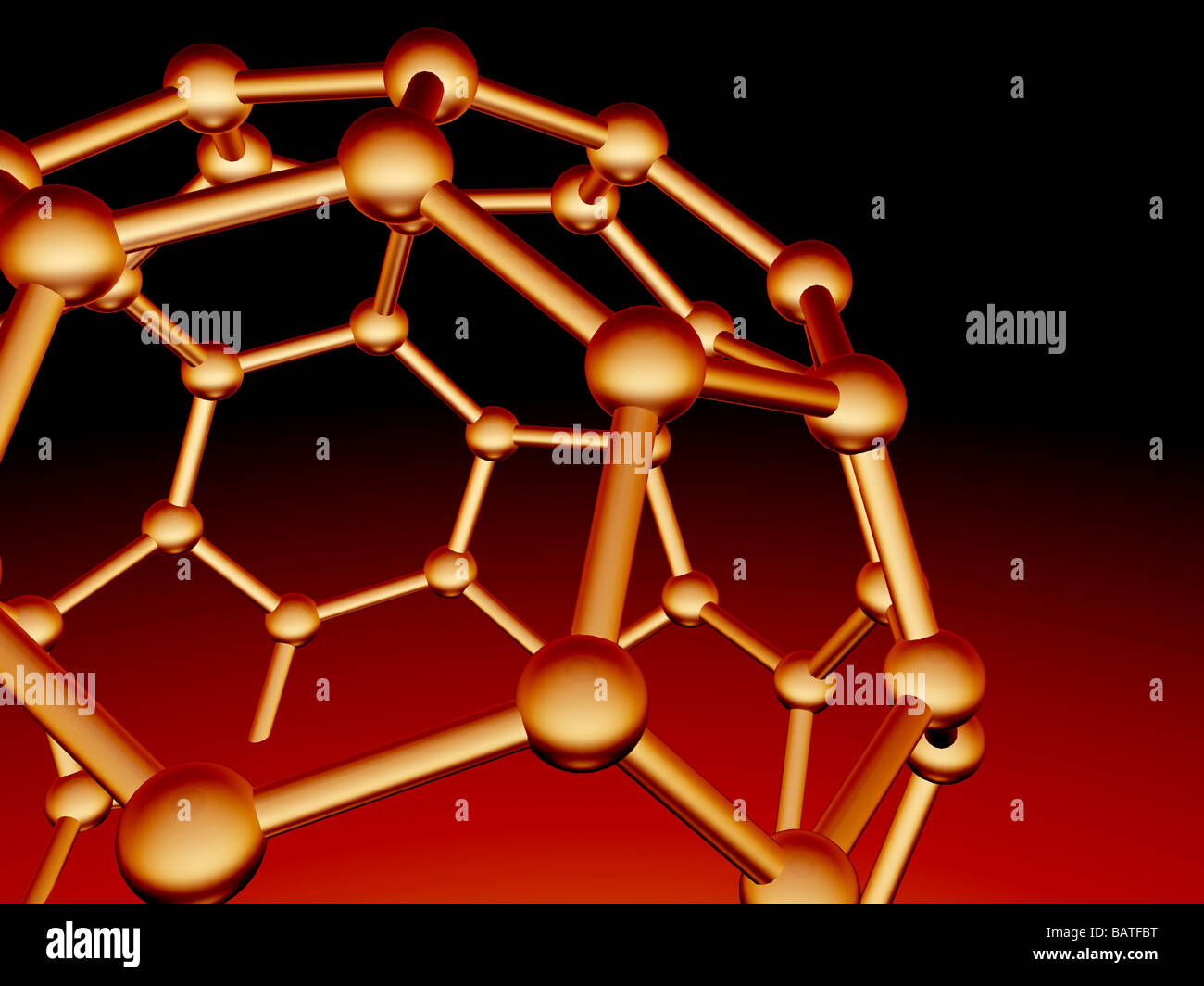Buckminsterfullerene molecola. Il modello molecolare di una molecola di fullerene, strutturalmente distinta forma(allotropo del) di carbonio. Foto Stock