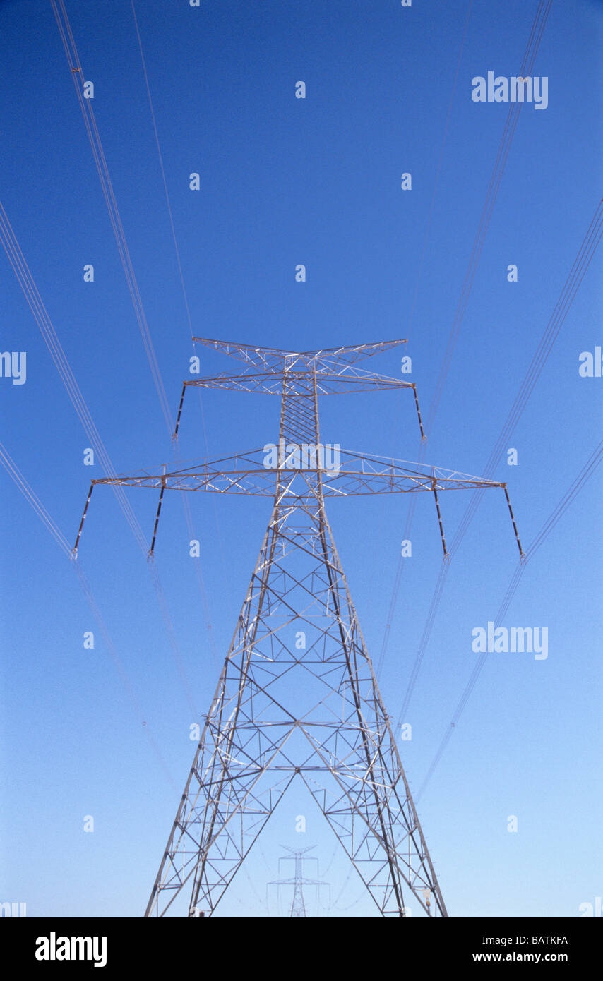 Elettricità piloni di sostegno delle linee di alimentazione. Foto Stock