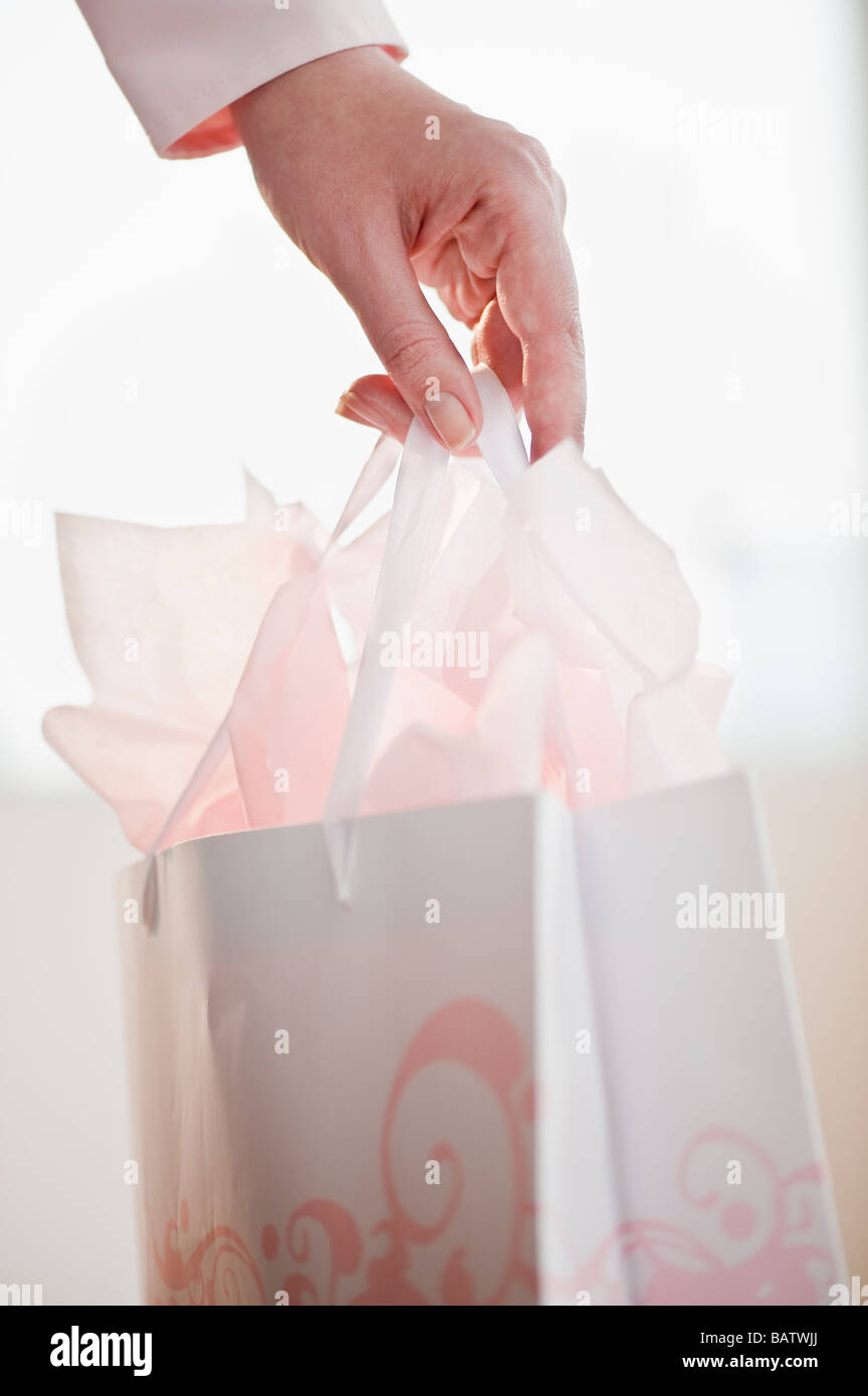 Donna che mantiene borsa regalo, close-up Foto Stock