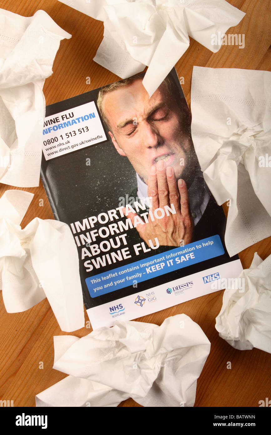 Influenza suina H1N1 informazioni prenota foglietto opuscolo pubblicato da parte del Regno Unito nel governo britannico e NHS health service con i tessuti Foto Stock