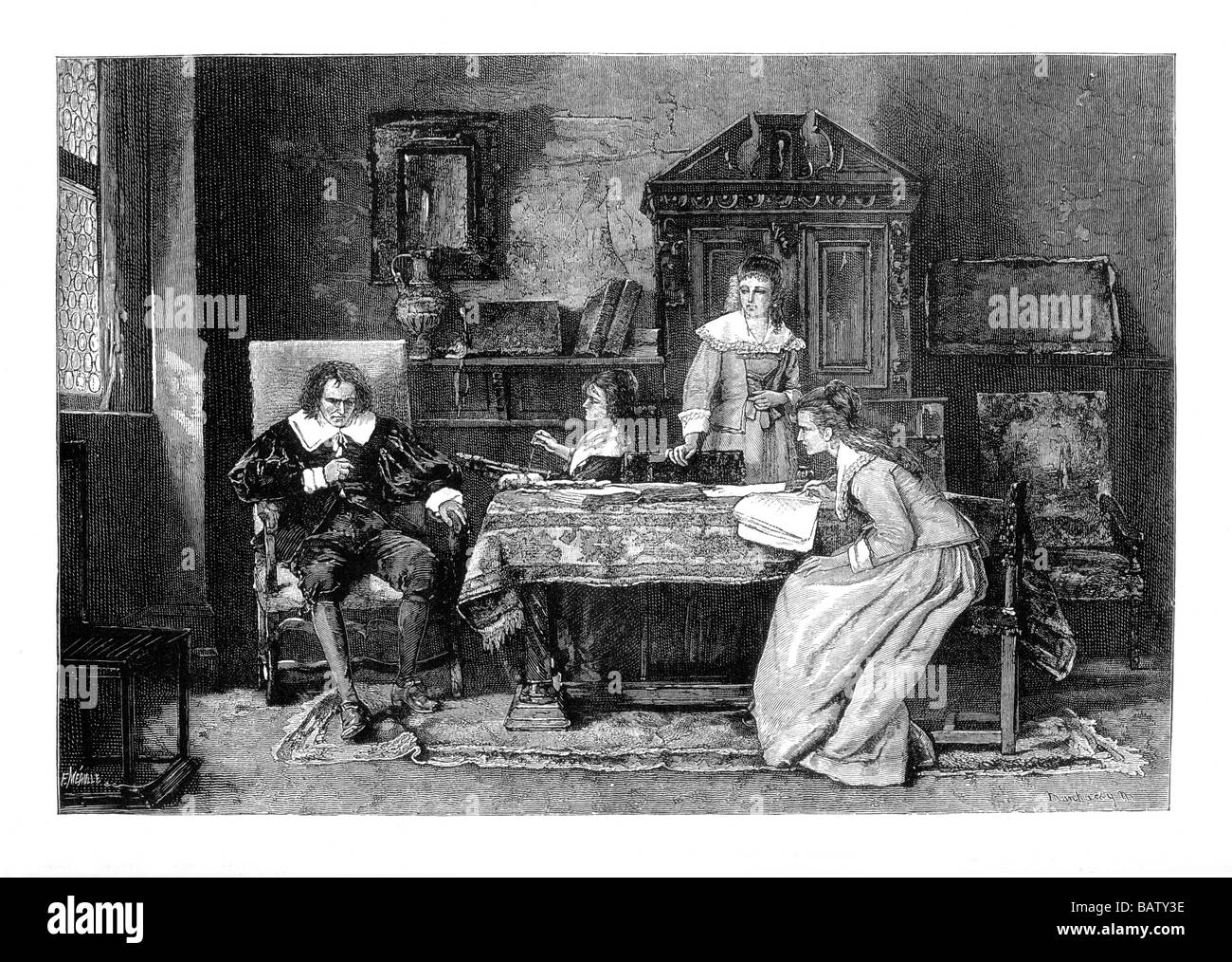 Illustrazione di John Milton dettare Paradiso perduto per le sue figlie Foto Stock