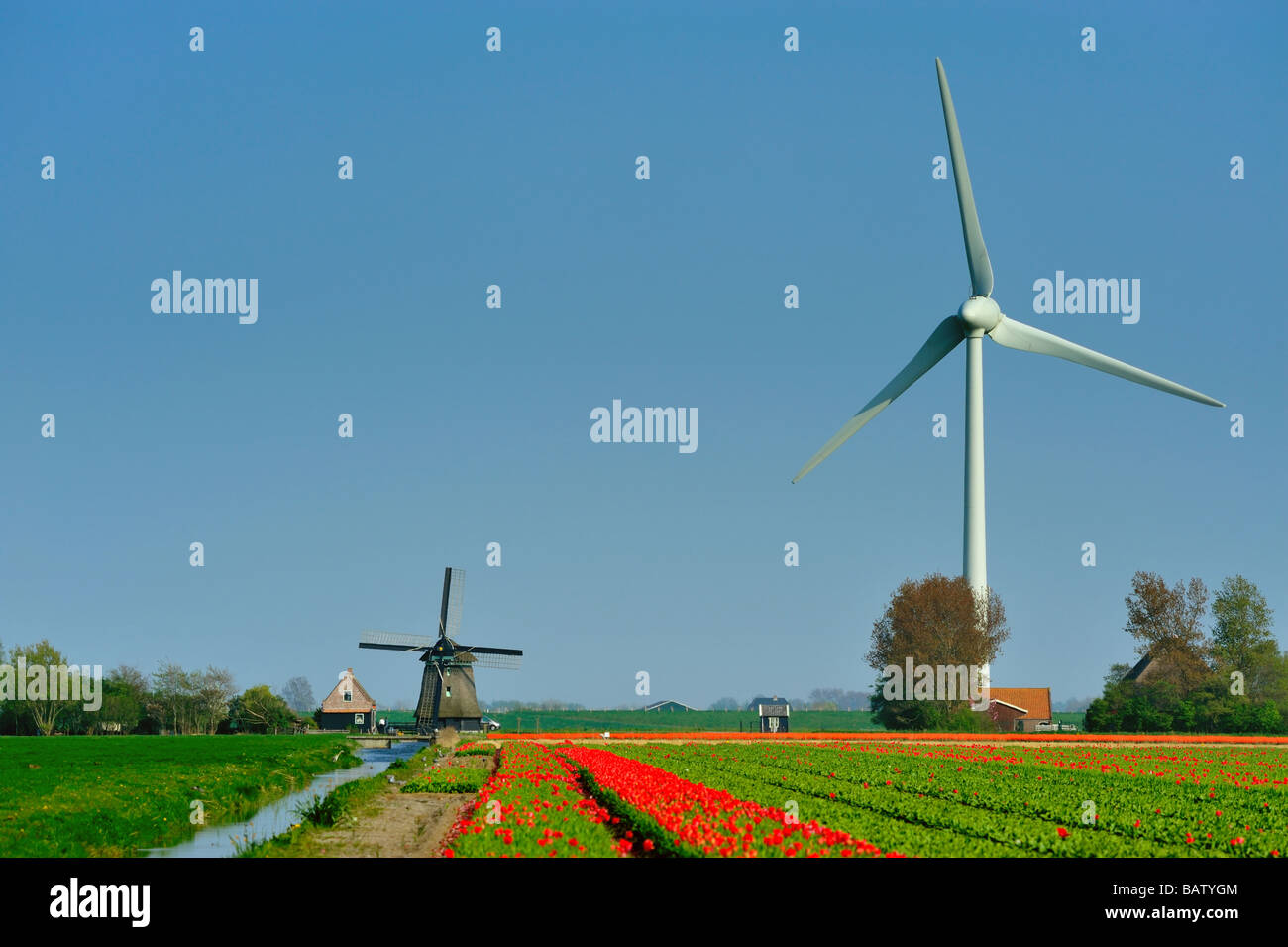 Il vecchio mulino e la nuova turbina eolica nei Paesi Bassi Foto Stock