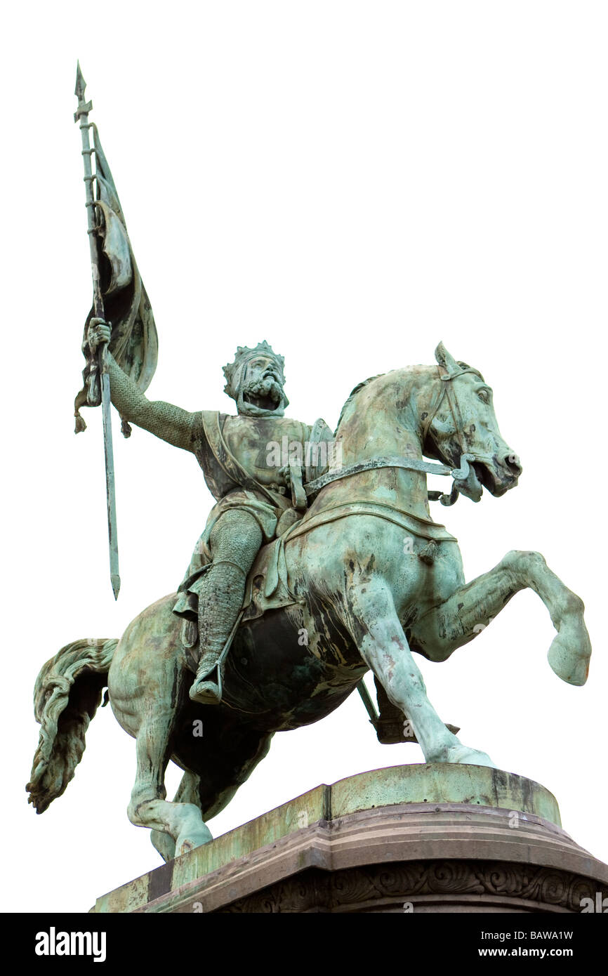 Una statua di Godefroid de Bouillon al di fuori di Saint Jacques sur Coudenberg Chiesa - Bruxelles, Belgio Foto Stock