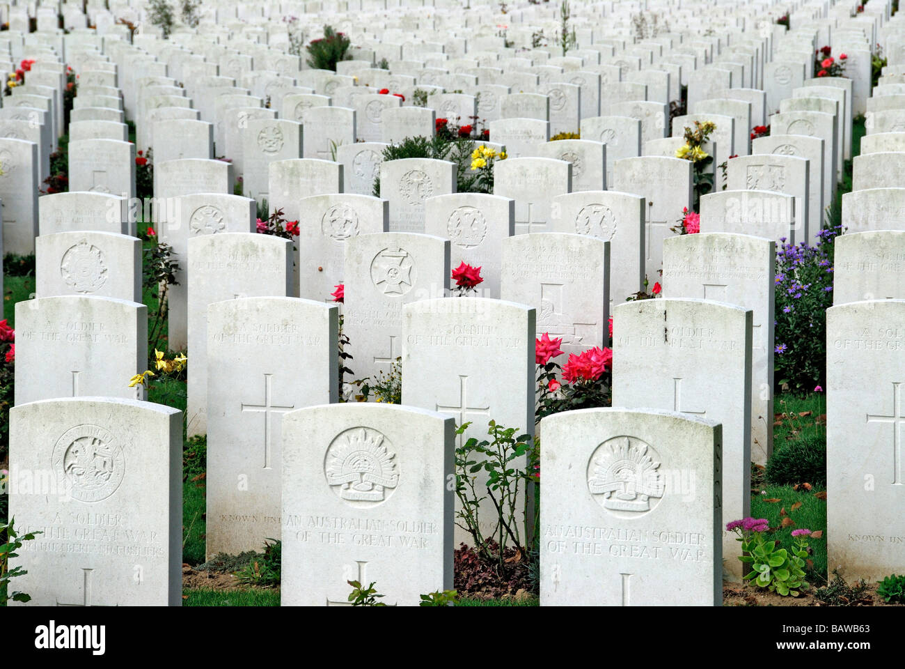 "Britannica e Australian WW1 cimitero militare, Maricourt, Somme, Francia " Foto Stock