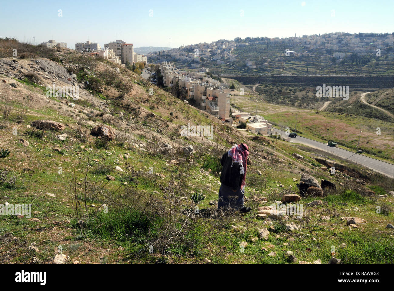Un arabo allevamenti pastore del suo gregge tra il quartiere ebraico di Armon Hanatziv e l'area palestinese del Sur Bahir, Gerusalemme. Foto Stock