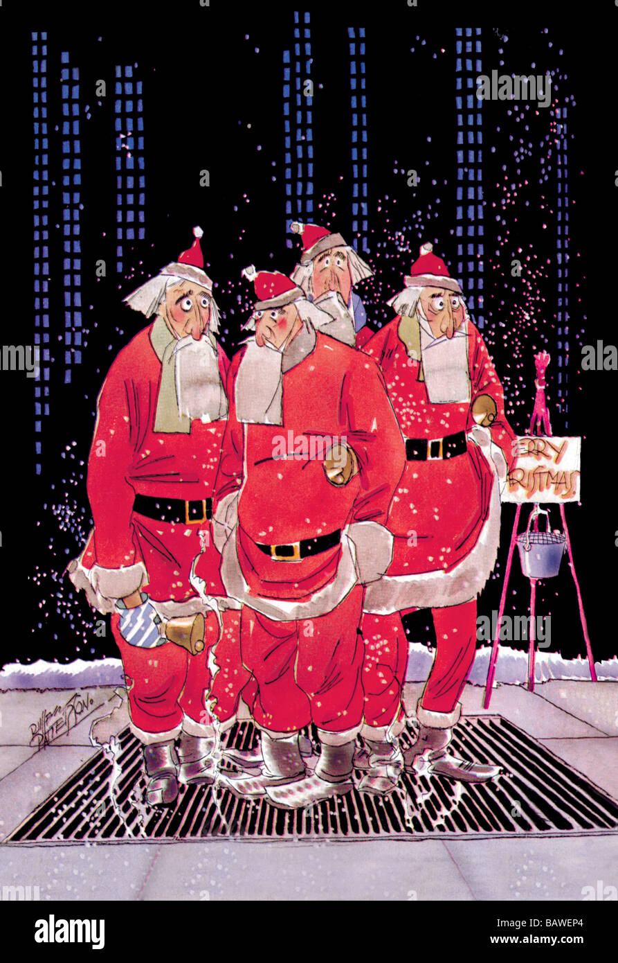 Esercito della salvezza Babbi Natale che tenta di mantenere il caldo in piedi sul marciapiede reticolo Foto Stock