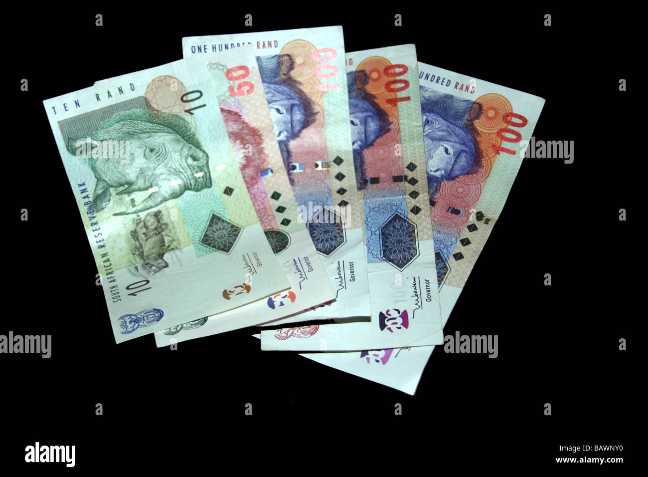 South African denaro isolata su uno sfondo nero Foto Stock