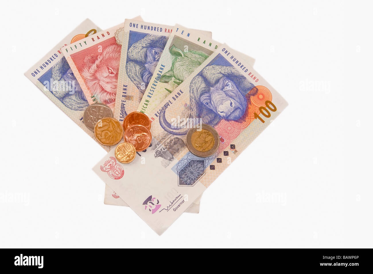 South African denaro isolato su uno sfondo bianco Foto Stock