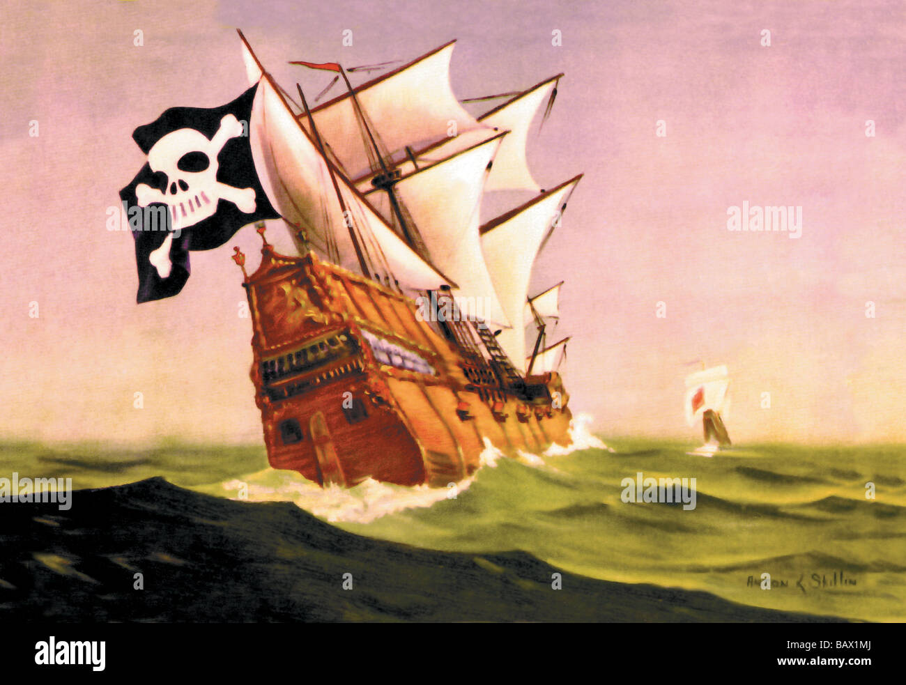 Una nave dei pirati con vele tutti insieme Foto Stock