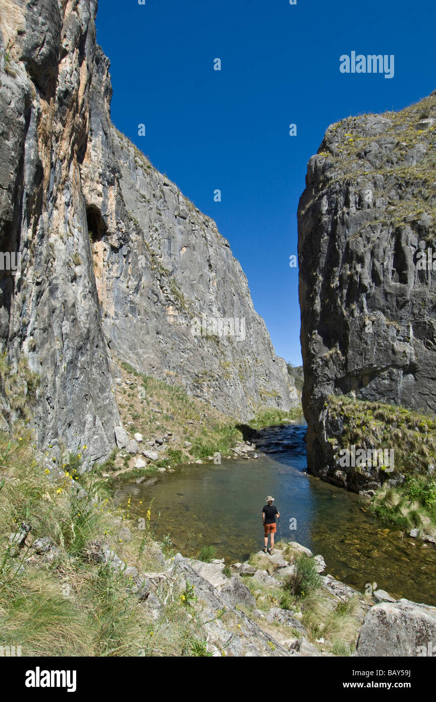 Escursionista presso Grotta Creek Clarke Gorge montagne innevate Kosciuszko Parco Nazionale del Nuovo Galles del Sud Australia Foto Stock