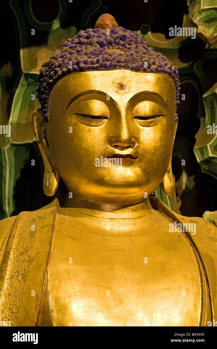 Statua di Buddha nel tempio di Manjushri, monte Wutai, Wutai Shan, cinque Terrazza montagna, centro buddista, città di Taihuai, Shanxi prov Foto Stock