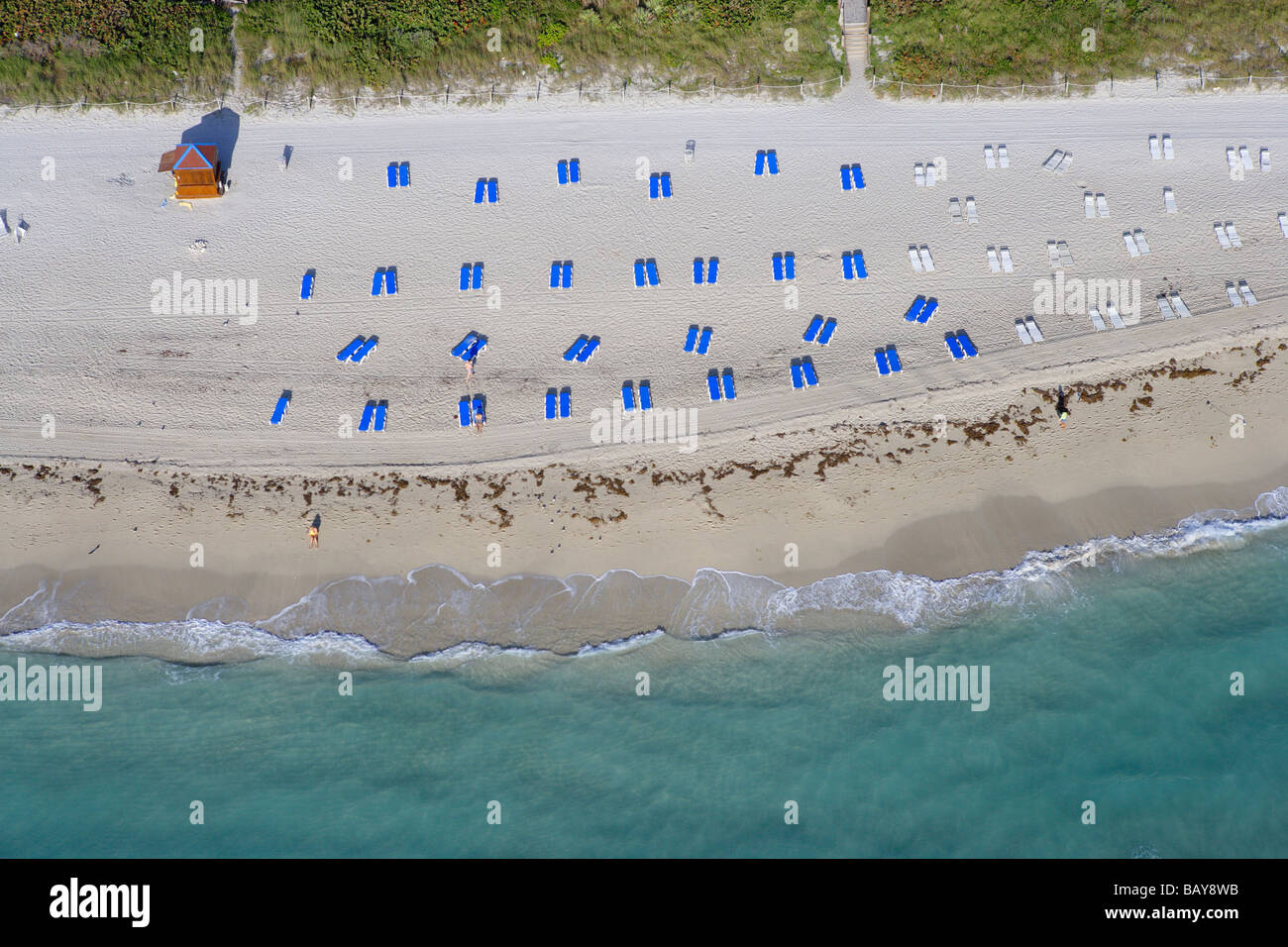 Spiaggia di sabbia attrezzata con sedie a sdraio, Miami Beach Boardwalk district, Florida, Stati Uniti d'America, STATI UNITI D'AMERICA Foto Stock