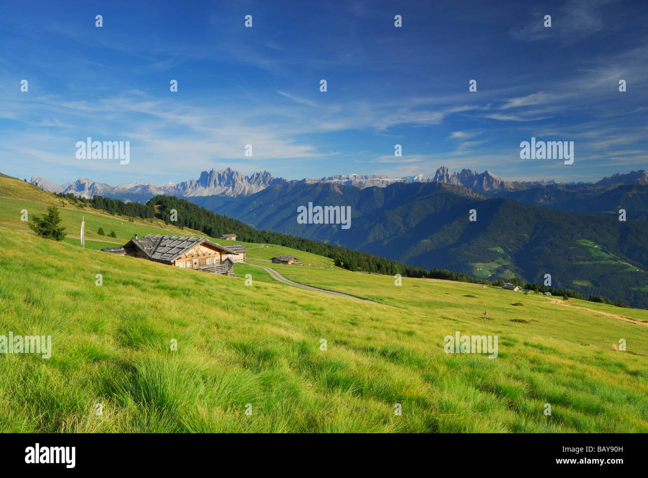 Rifugi alpini sul pascolo alpino Hodrawiesen, Dolomiti con Geislergruppe e Sella gamma in background, Sarntaler Alpen, Val Sarentino Foto Stock