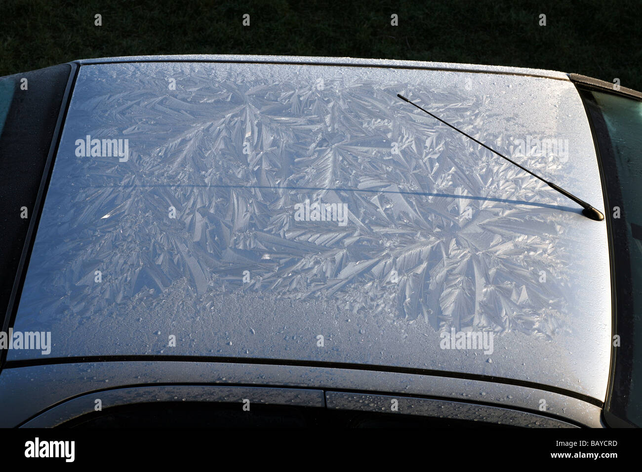 Una pesante linee di brina sul tetto di una vettura al mattino il sole d'inverno Foto Stock