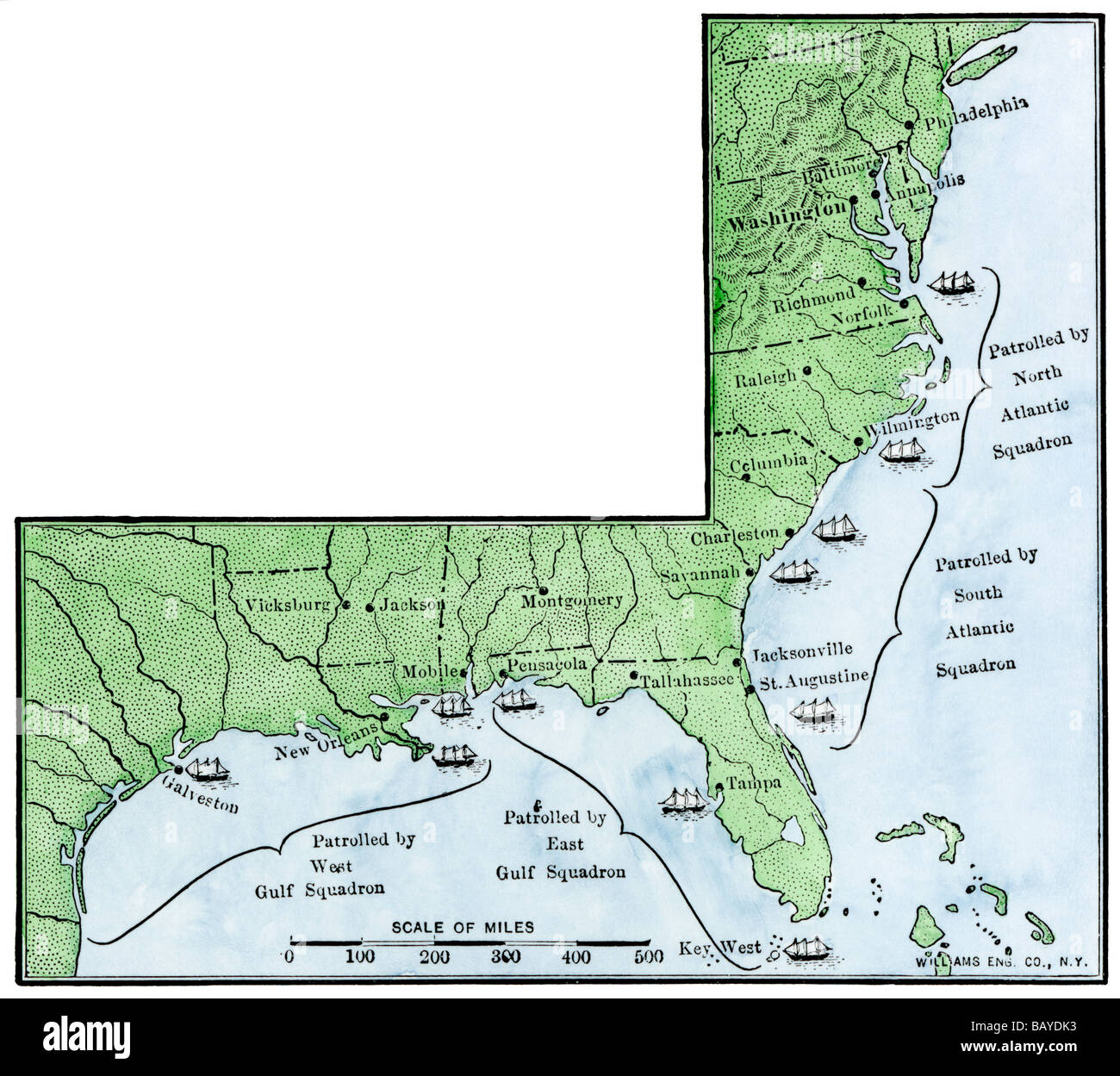 Mappa dell'Unione blocco navale della Confederazione la linea costiera di noi una guerra civile. Colorate a mano la xilografia Foto Stock