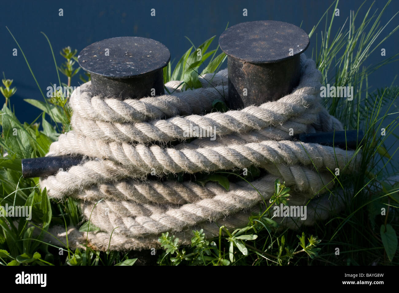 Corda di ormeggio di grandi dimensioni bollard ormeggiato sul fiume allington medway kent england Regno Unito Europa Foto Stock